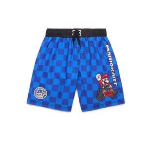 Mario Kart Boys Swim Trunks Checkered Blue Shorts UV50 Racing Drawstring 4/5 New